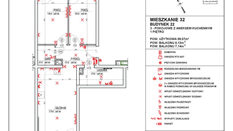 Rzut - Mieszkanie na sprzedaż 3 pokoje o powierzchni 59,07 m² - numer 22_32 w Osiedle 4 Pory Roku - Etap VIII