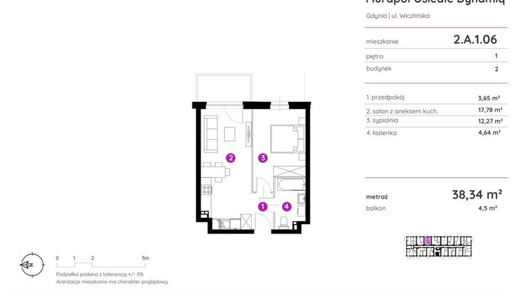 Rzut - Mieszkanie na sprzedaż 2 pokoje o powierzchni 38,34 m² - numer 2.A.1.06 w Murapol Osiedle Dynamiq