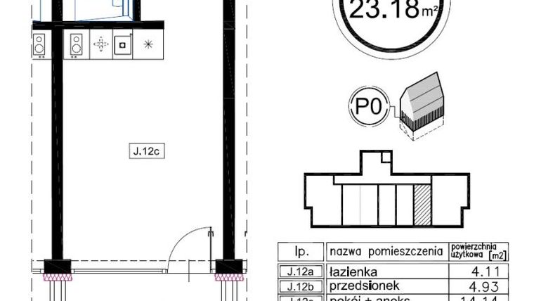 Rzut - Mieszkanie na sprzedaż 1 pokój o powierzchni 23,18 m² - numer J.12 w Enklawa Polany etap II