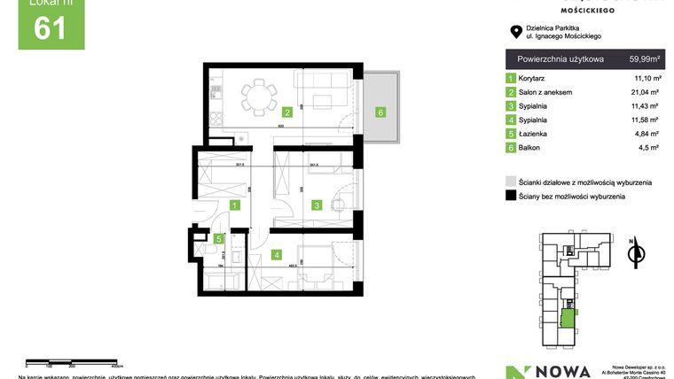 Rzut - Mieszkanie na sprzedaż 3 pokoje o powierzchni 59,99 m² - numer M61 w Nowa Częstochowa Mościckiego