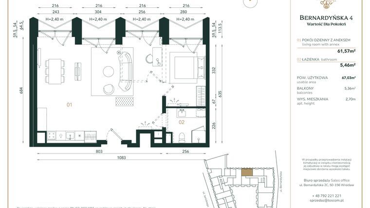 Rzut - Mieszkanie na sprzedaż 1 pokój o powierzchni 67,03 m² - numer B/3/06 w Bernardyńska 4