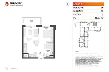 Rzut - Mieszkanie na sprzedaż 1 pokój o powierzchni 31,87 m² - numer 26 w Locus 2 bud. B2