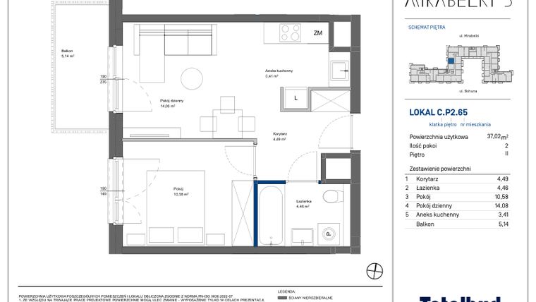Rzut - Mieszkanie na sprzedaż 2 pokoje o powierzchni 37,34 m² - numer C.P2.65 w Mirabelki 5
