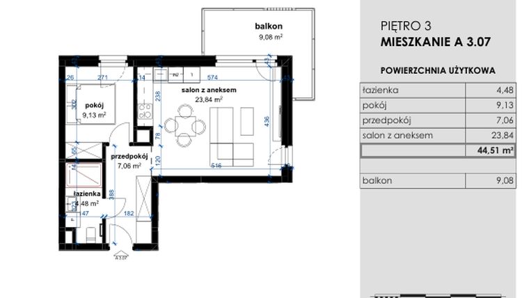 Rzut - Mieszkanie na sprzedaż 2 pokoje o powierzchni 44,51 m² - numer A 3.07 w Osiedle Kwiatowe