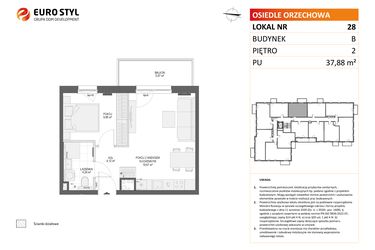 Rzut - Mieszkanie na sprzedaż 2 pokoje o powierzchni 37,88 m² - numer B28 w Osiedle Orzechowa