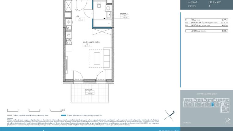 Rzut - Mieszkanie na sprzedaż 1 pokój o powierzchni 30,19 m² - numer 1.3.4.02 w Nordic Powstańców Śląskich