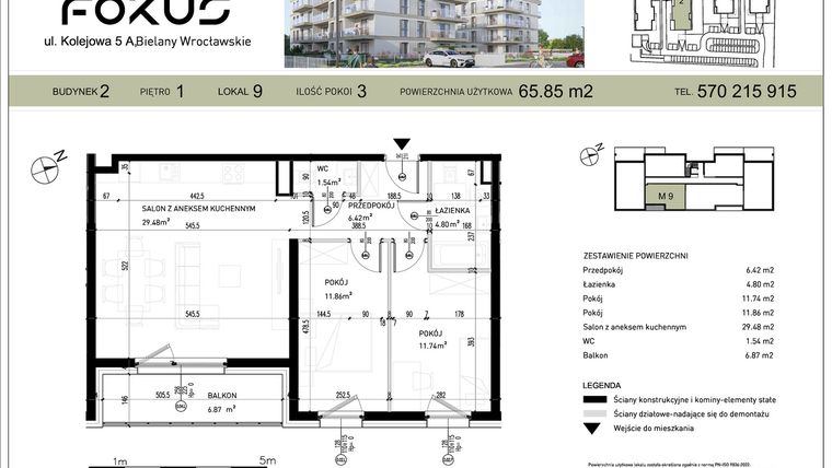 Rzut - Mieszkanie na sprzedaż 3 pokoje o powierzchni 65,85 m² - numer II.9 w Fokus Bielany