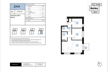 Rzut - Mieszkanie na sprzedaż 3 pokoje o powierzchni 57,52 m² - numer 2A/4 w Osiedle Bolko etap II