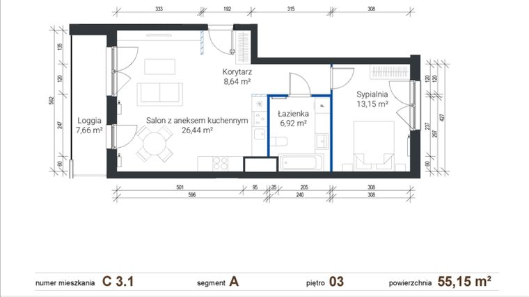 Rzut - Mieszkanie na sprzedaż 2 pokoje o powierzchni 55,15 m² - numer C 3.1 w Nowe Zabłocie