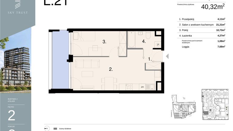 Rzut - Mieszkanie na sprzedaż 2 pokoje o powierzchni 41,4 m² - numer L21 w Sky Trust etap II - apartamenty inwestycyjne 23% VAT PRS
