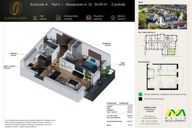 Rzut - Mieszkanie na sprzedaż 2 pokoje o powierzchni 54,49 m² - numer M18 w Oleśnica Park