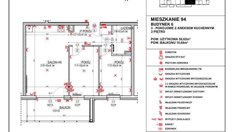 Rzut - Mieszkanie na sprzedaż 3 pokoje o powierzchni 56,62 m² - numer 6.94 w Osiedle 4 Pory Roku - Etap VII