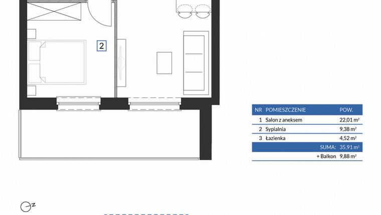 Rzut - Mieszkanie na sprzedaż 2 pokoje o powierzchni 35,91 m² - numer 7B05 w Osiedle Krzeptów VII