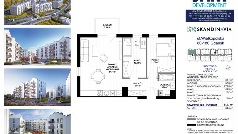 Rzut - Mieszkanie na sprzedaż 3 pokoje o powierzchni 61,73 m² - numer A.3.47 w Skandinavia