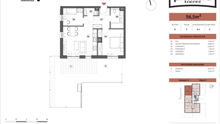Rzut - Mieszkanie na sprzedaż 3 pokoje o powierzchni 56,5 m² - numer B.04 w Premiera Bemowo