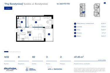 Rzut - Mieszkanie na sprzedaż 2 pokoje o powierzchni 47,45 m² - numer 32B w Przy Bursztynowej