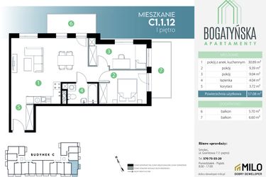 Rzut - Mieszkanie na sprzedaż 3 pokoje o powierzchni 57,08 m² - numer C1.1.12 w Bogatyńska Apartamenty etap 3