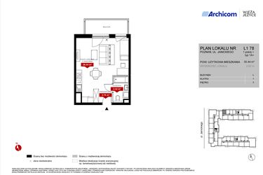 Rzut - Mieszkanie na sprzedaż 1 pokój o powierzchni 35,44 m² - numer L1.78 w Wieża Jeżyce etap VI