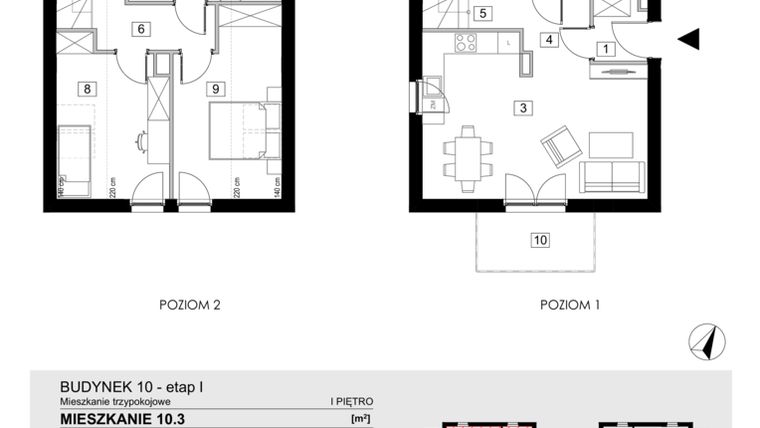 Rzut - Mieszkanie na sprzedaż 3 pokoje o powierzchni 74,4 m² - numer 10.3 w Jasieny
