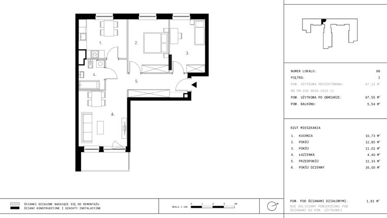 Rzut - Mieszkanie na sprzedaż 3 pokoje o powierzchni 67,55 m² - numer 1.A18 w Staszica 3