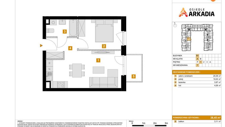 Rzut - Mieszkanie na sprzedaż 2 pokoje o powierzchni 38,45 m² - numer B1.7 w Osiedle Arkadia etap 2