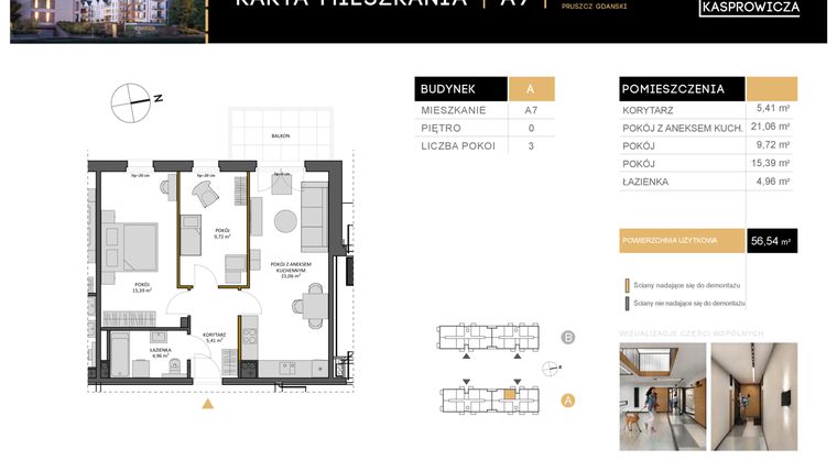 Rzut - Mieszkanie na sprzedaż 3 pokoje o powierzchni 56,54 m² - numer A.7 w Osiedle Kasprowicza