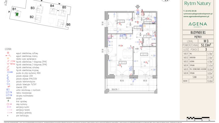 Rzut - Mieszkanie na sprzedaż 3 pokoje o powierzchni 51,13 m² - numer B1M3 w Rytm Natury