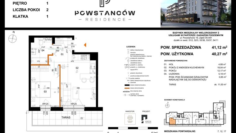 Rzut - Mieszkanie na sprzedaż 2 pokoje o powierzchni 43,3 m² - numer 2 w Powstańców Residence