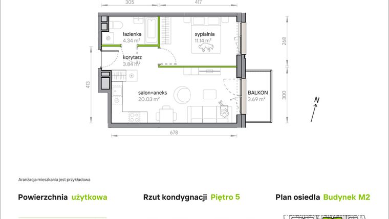 Rzut - Mieszkanie na sprzedaż 2 pokoje o powierzchni 39,35 m² - numer M2/1/5/50 w Przy Parku Vita