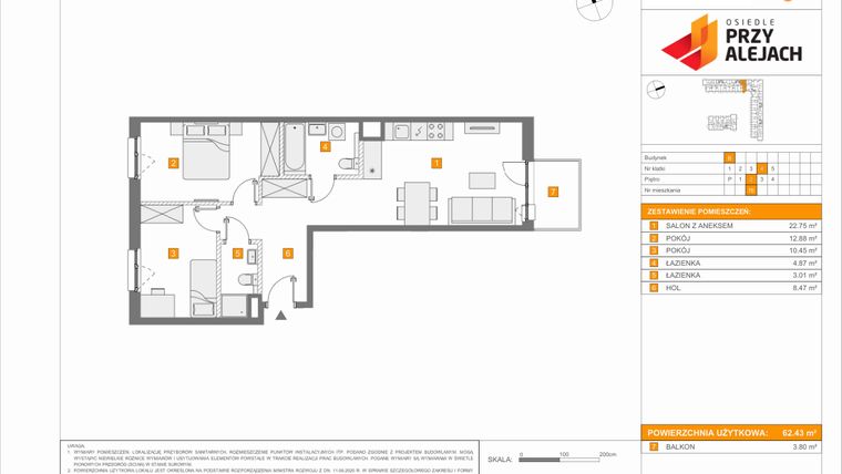 Rzut - Mieszkanie na sprzedaż 3 pokoje o powierzchni 62,43 m² - numer B76 w Osiedle Przy Alejach etap 2