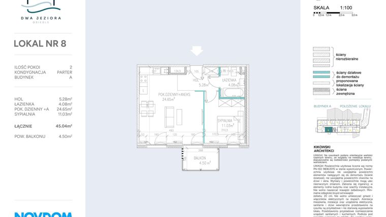Rzut - Mieszkanie na sprzedaż 2 pokoje o powierzchni 45,04 m² - numer A.8 w Dwa Jeziora AB