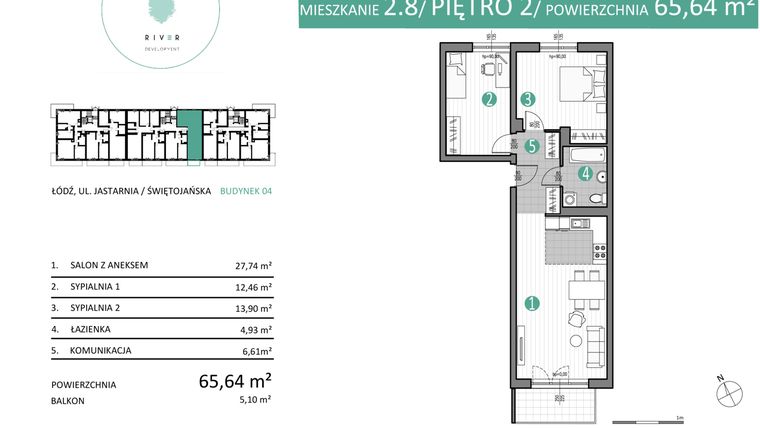 Rzut - Mieszkanie na sprzedaż 2 pokoje o powierzchni 65,64 m² - numer 04.2.8 w Port Jastarnia bud. 01, 04