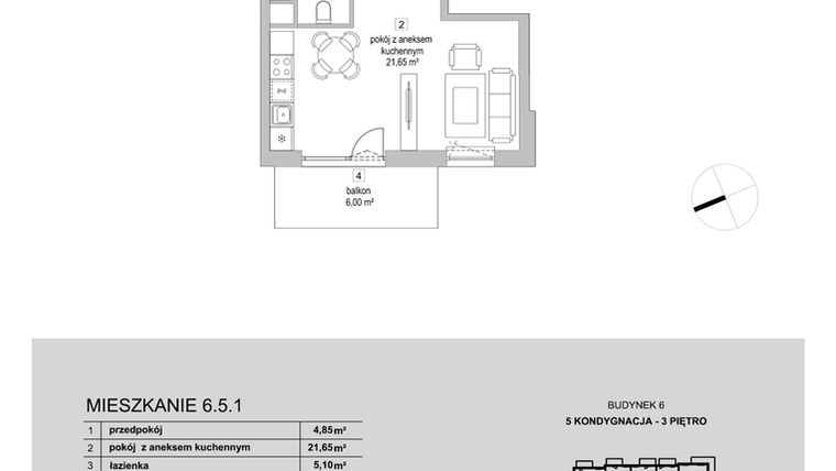 Rzut - Mieszkanie na sprzedaż 1 pokój o powierzchni 31,6 m² - numer 6.5.1 w Osiedle Przyjemne III
