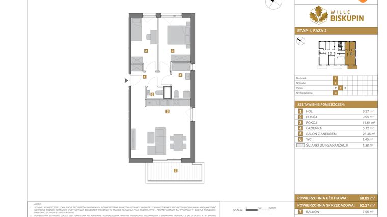 Rzut - Mieszkanie na sprzedaż 3 pokoje o powierzchni 62,27 m² - numer I.4 w Wille Biskupin II