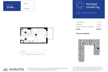 Rzut - Mieszkanie na sprzedaż 1 pokój o powierzchni 25,86 m² - numer 1.C.2.13 w Murapol UniverCity