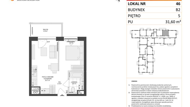 Rzut - Mieszkanie na sprzedaż 1 pokój o powierzchni 31,6 m² - numer 46 w Locus 2 bud. B2