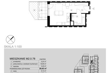Rzut - Mieszkanie na sprzedaż 1 pokój o powierzchni 29,42 m² - numer M2.0.78 w Modern Helenów