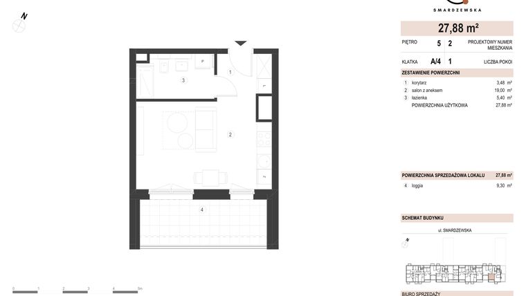 Rzut - Mieszkanie na sprzedaż 1 pokój o powierzchni 27,88 m² - numer A/4/5.2 w Smardzewska 8