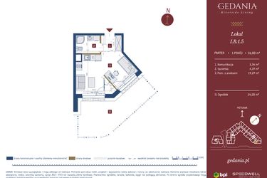 Rzut - Mieszkanie na sprzedaż 1 pokój o powierzchni 26,8 m² - numer I.B.1.5 w GEDANIA Riverside Living - apartamenty inwestycyjne