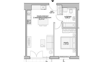 Rzut - Mieszkanie na sprzedaż 2 pokoje o powierzchni 44,58 m² - numer WO/P33/21 w Wiszące Ogrody