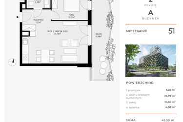 Rzut - Mieszkanie na sprzedaż 2 pokoje o powierzchni 45,59 m² - numer 51 w Semiramis