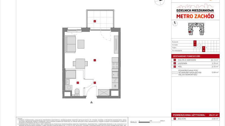 Rzut - Mieszkanie na sprzedaż 1 pokój o powierzchni 29,31 m² - numer E.36 w Dzielnica Mieszkaniowa Metro Zachód - etap 8