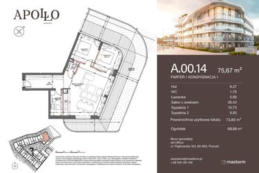 Rzut - Mieszkanie na sprzedaż 3 pokoje o powierzchni 73,8 m² - numer A.0.14 w Apollo Residence