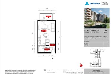 Rzut - Mieszkanie na sprzedaż 1 pokój o powierzchni 31,3 m² - numer K.46 w Wieża Jeżyce etap V