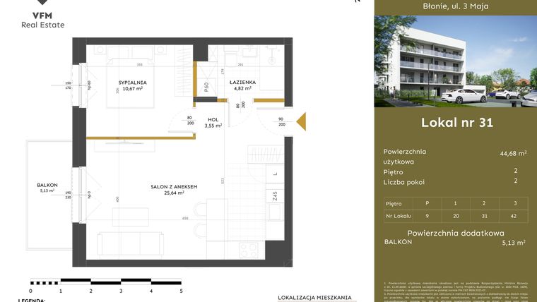 Rzut - Mieszkanie na sprzedaż 2 pokoje o powierzchni 44,68 m² - numer 31 w Apartamenty 3 Maja
