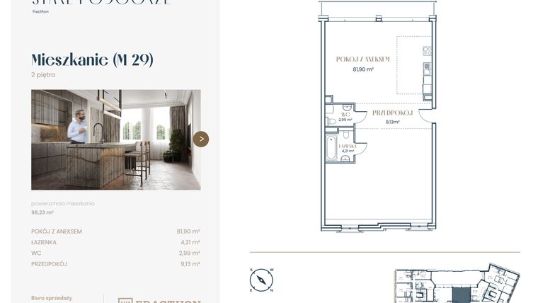 Rzut - Mieszkanie na sprzedaż 1 pokój o powierzchni 98,23 m² - numer M.29 w Stare Podgórze