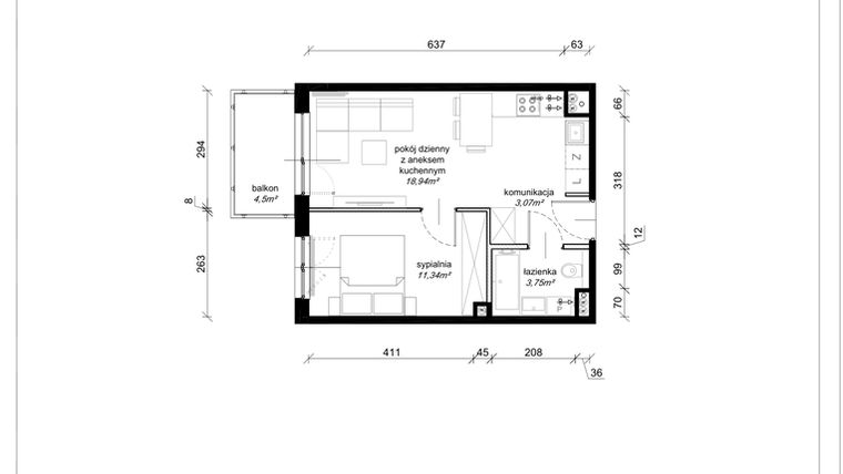 Rzut - Mieszkanie na sprzedaż 2 pokoje o powierzchni 37,1 m² - numer F.2.26.2a w Art.Teo etap 3