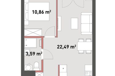 Rzut - Mieszkanie na sprzedaż 2 pokoje o powierzchni 40,72 m² - numer A.03.09 w Żelazna 54