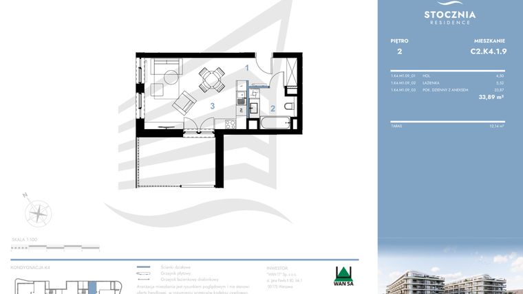 Rzut - Mieszkanie na sprzedaż 1 pokój o powierzchni 33,89 m² - numer C2.K4.1.9 w Stocznia Residence