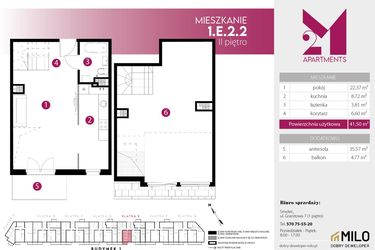 Rzut - Mieszkanie na sprzedaż 2 pokoje o powierzchni 77,07 m² - numer 1.E.2.2 w 2M Apartments etap IV